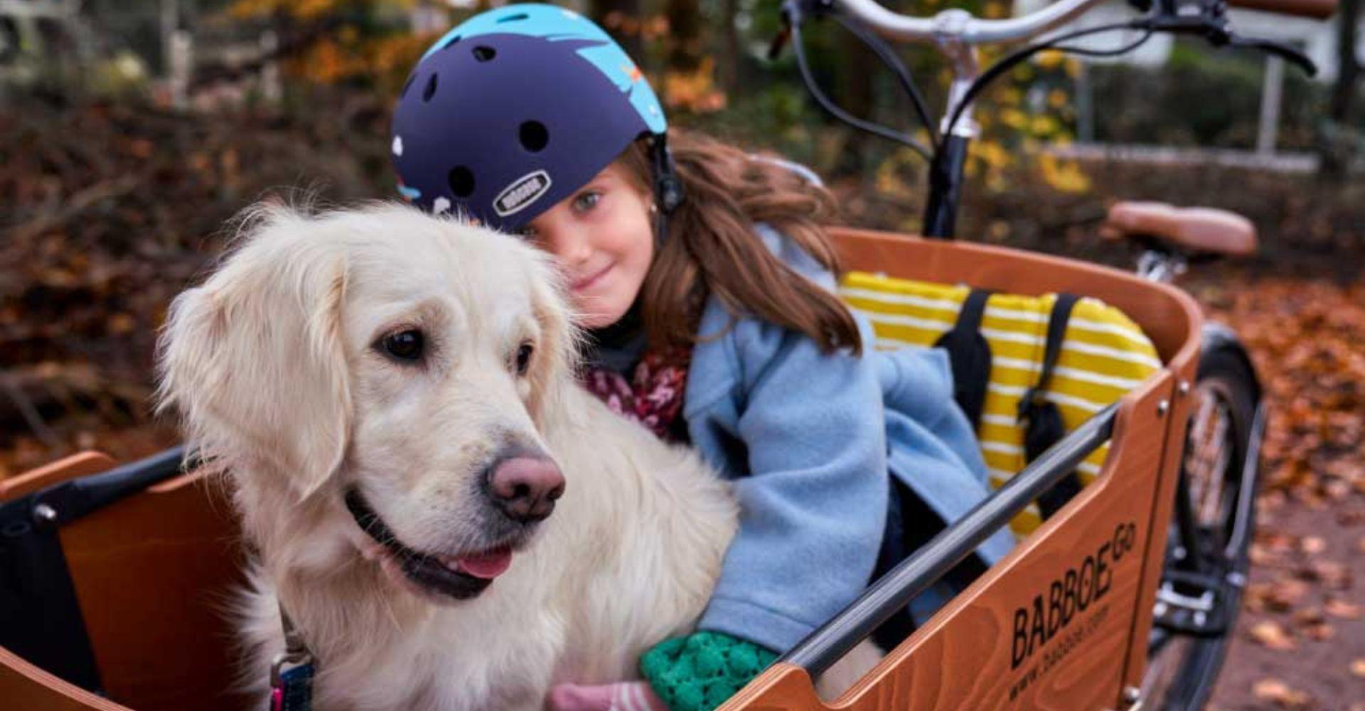 Babboe Go Mountain Kind mit Hund in der Transportbox