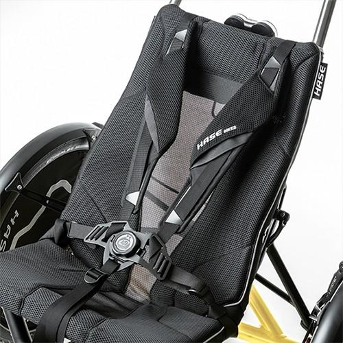 Das Bild zeigt das Gurtsystem mit Magnetverschluss eines Hase Bikes Dreirads.