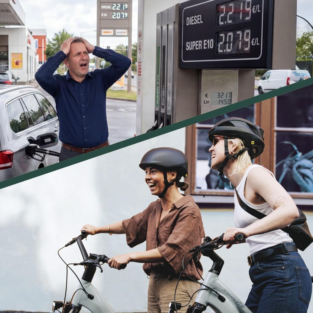 Vergleich Stau und Frau auf einem e-Bike unterwegs