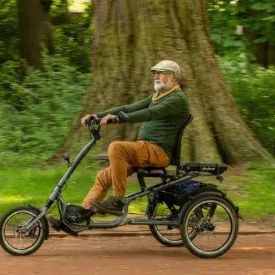 Mann fährt Dreirad-E-Bike im Park vor Baumkulisse