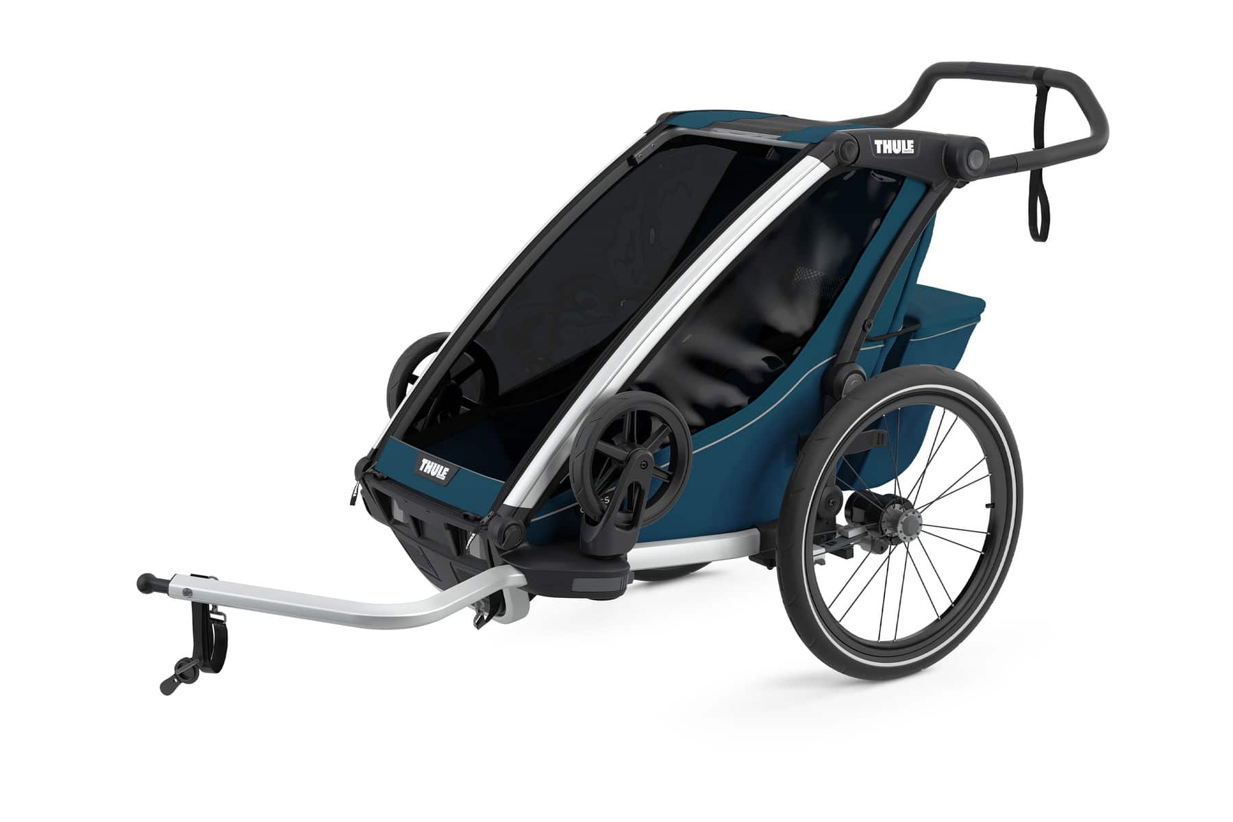 Robuster Thule Kinderfahrradanhänger mit bequemer Kabine. Perfekt für sichere und komfortable Ausflüge mit Ihren Kl