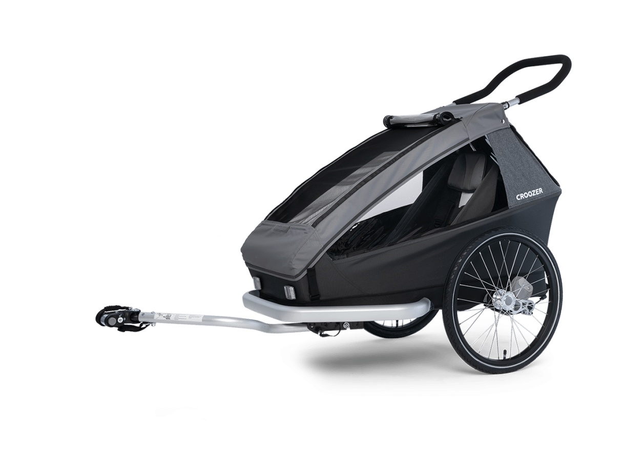 Praktischer Croozer Kid Keeke 1 Fahrradanhänger in stilvollem Grau. Ideal für sichere und komfortable Familienausfl