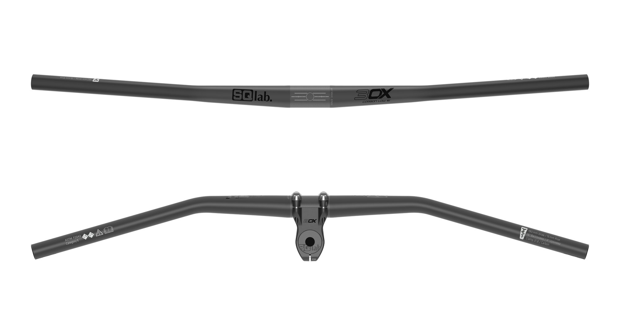 Der abgebildete Fahrradlenker ist ein ergonomisches Modell der Marke SQlab, genannt 30X, aus Carbon. Er hat eine le