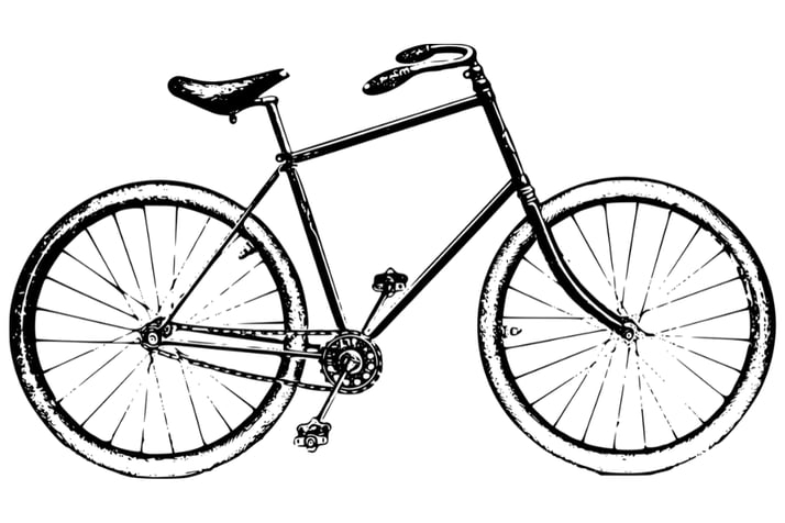 Schwarz-Weiß-Illustration eines klassischen Fahrrads mit dünnen Reifen