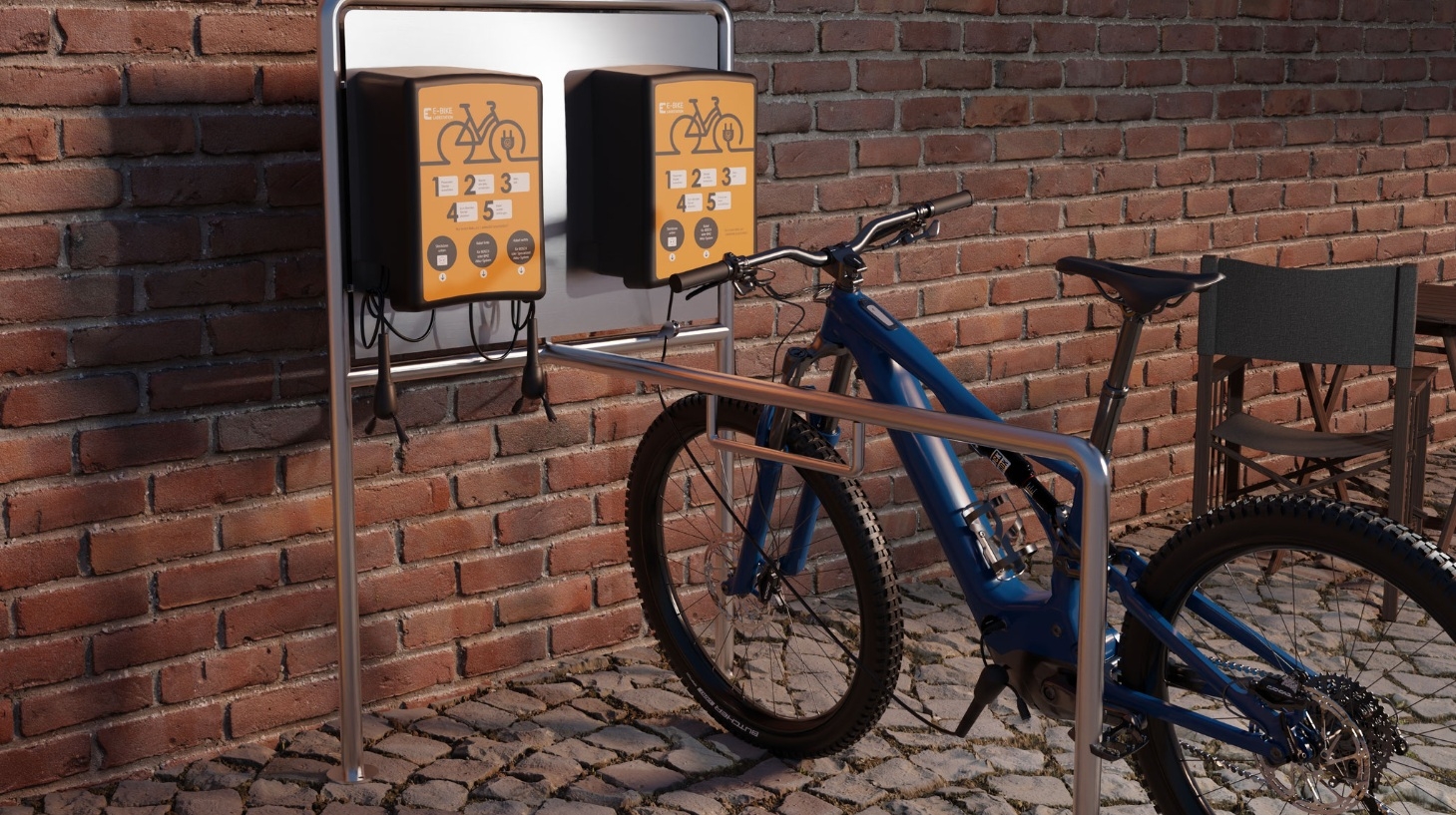 Eine E-Bike-Wallbox mit einem Specialized Levo, ideal für effizientes Laden an öffentlichen Stellen.