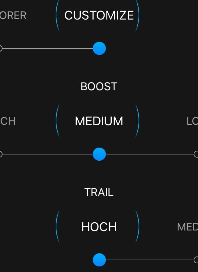 Für die Anpassung der Unterstützungsstufen im Shimano MTB-Motor E8000 stehen drei stärken zur Verfügung, low, medium und high.